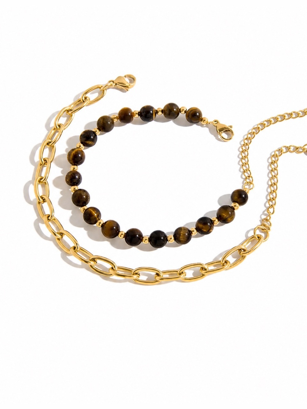 2 Pcs | 18K Gold Plated Tiger Eye Beaded Bracelet Set